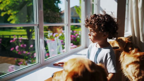 a young boy and his dog looking out a window