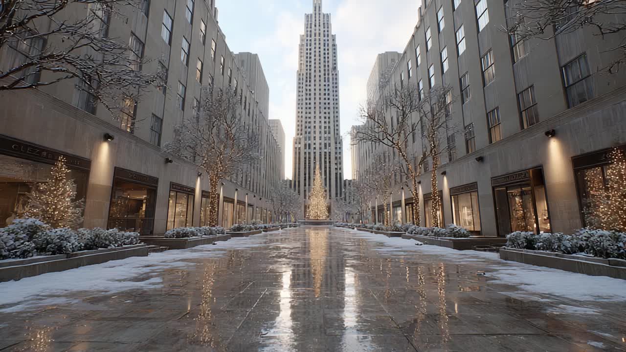 A Winter Wonderland Scene Featuring a Majestic Tower Surrounded by Snow-Covered Streets and Twinkling Lights, Capturing the Essence of a Festive Urban Landscape