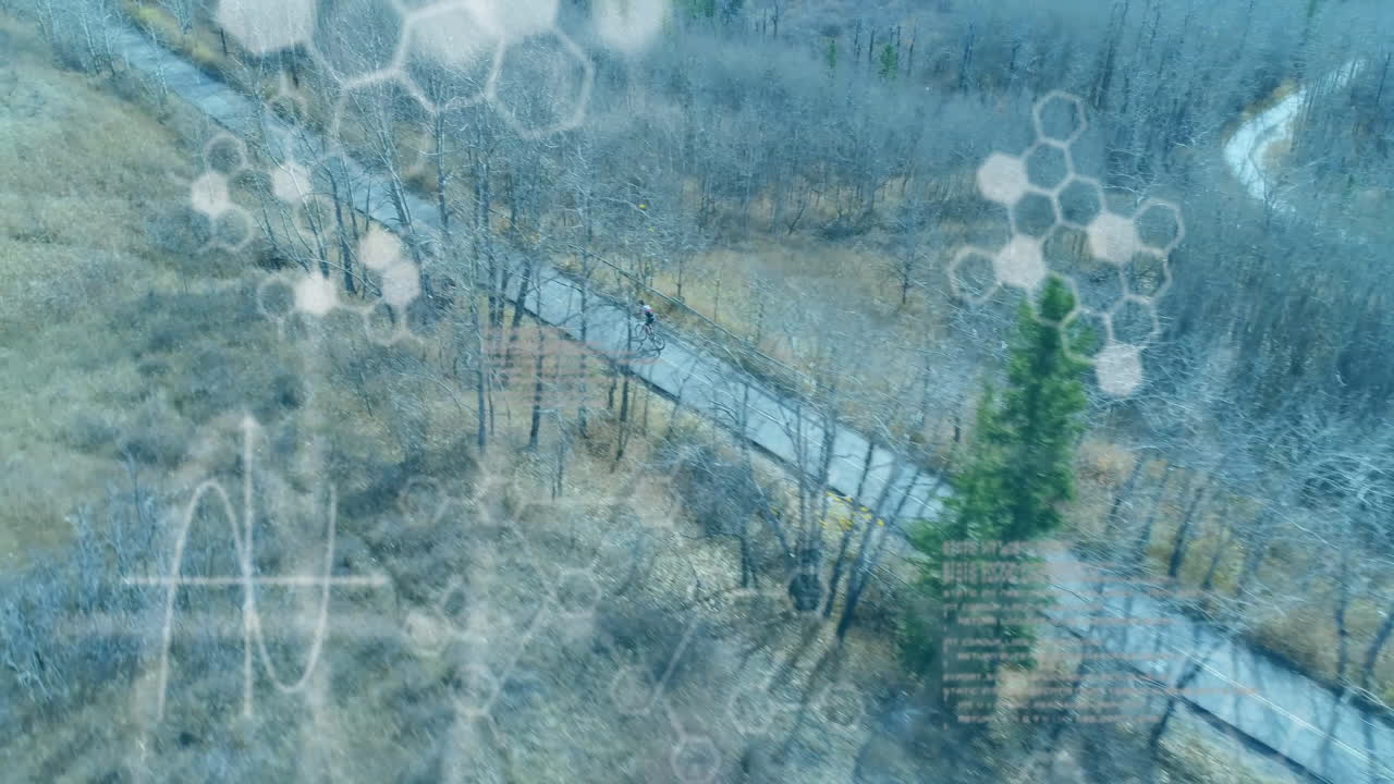 도로에서 자전거를 타는 백인 여성에 대한 화학 모델과 데이터 처리의 애니메이션