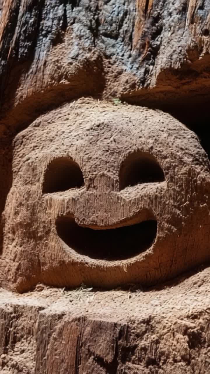Un volto sorridente gioioso intagliato in un antico tronco di legno, che evidenzia l'arte della natura e la creatività umana nei paesaggi boschivi.