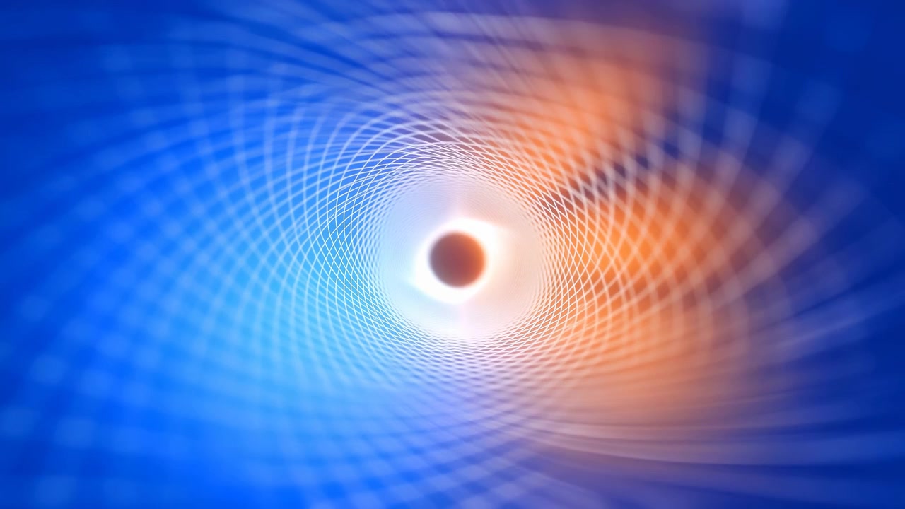 Centered abstract composition showing dark circular core surrounded by bright halo and concentric white mesh lattice curving inward, creating depth, symmetry, futuristic texture, vivid contrast