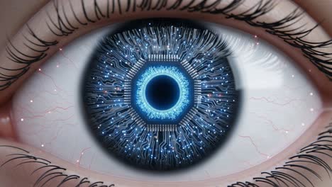 a stunning close-up of a futuristic eye design, featuring intricate circuitry and a luminescent blue core, blending organic and technological elements seamlessly