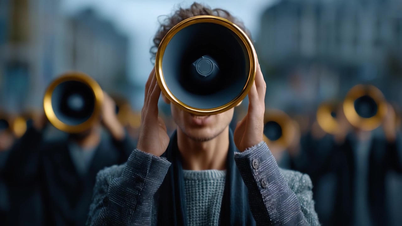 Una folla di individui che tengono grandi megafoni dorati, creando uno spettacolo visivamente suggestivo che rappresenta comunicazione, attivismo e voce collettiva in un contesto moderno.