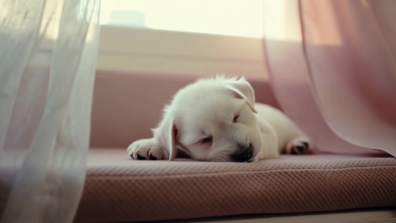 Sleeping white puppy rests with head on quilted cushion beside bright window, eyes closed, front paws visible, soft backlight, sheer curtain glow, pastel tones, and calm home interior
