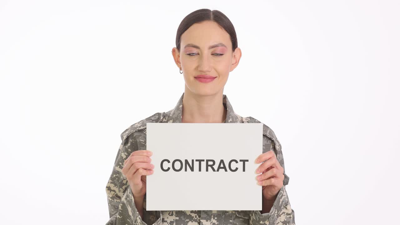 Woman in Military Uniform Holding "CONTRACT" Sign