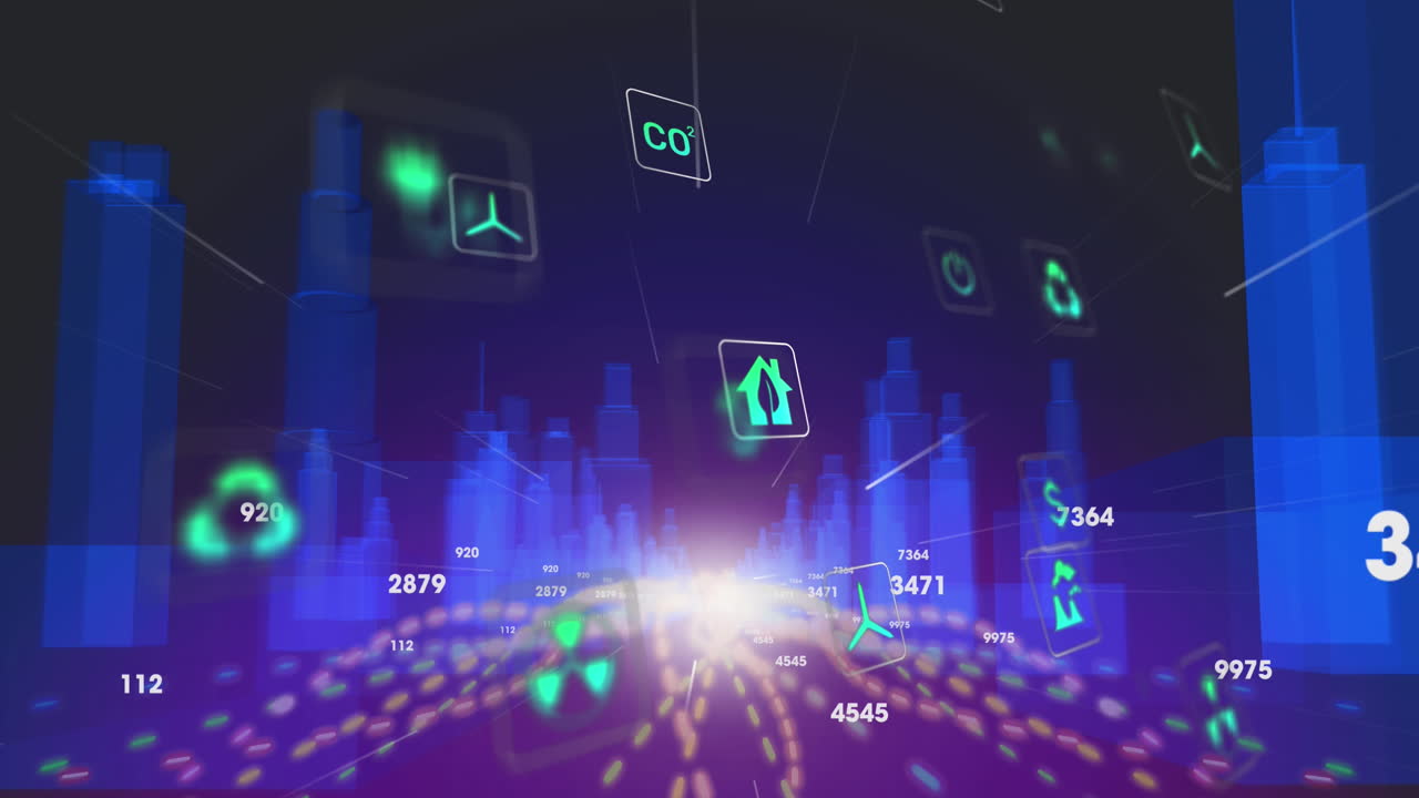 animación de múltiples iconos digitales sobre senderos de luz contra el modelo de ciudad 3d en fondo negro