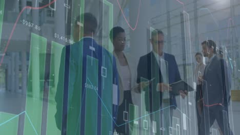 animation of financial data over caucaian businessmen walking in office