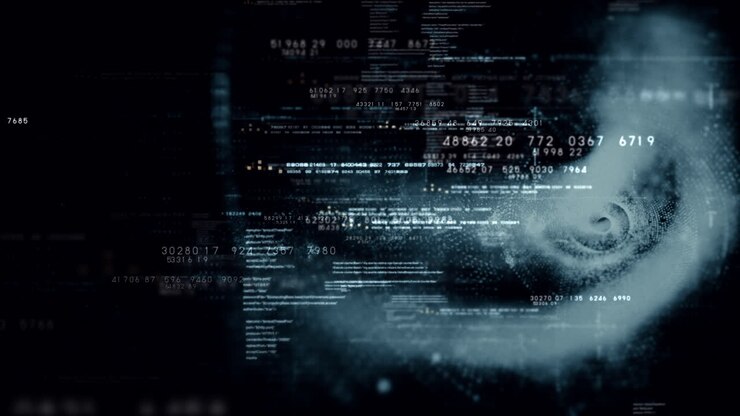 Futuristic abstract de-focus flowing data matrix, meta, metaverse, telemetry and encrypt numbers display with particles simulation in cyber space environment for head up display loop background