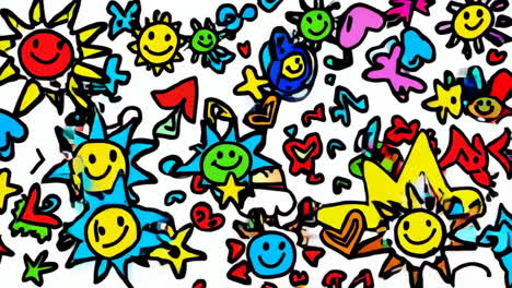 colorful doodle pattern with smiley faces and suns