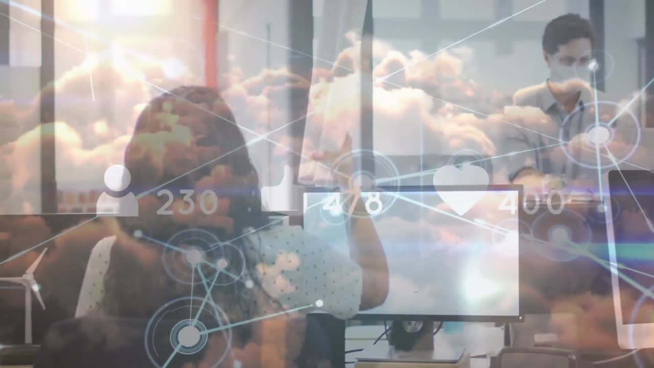 카우카스 남녀 동료를 통해 네트워크의 애니메이션 사무실과 클라우드에서 계획을 통과