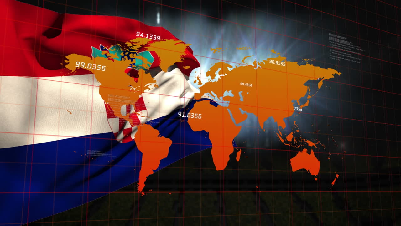 animación de las estadísticas y el procesamiento de datos financieros sobre el mapa del mundo y la bandera de croacia