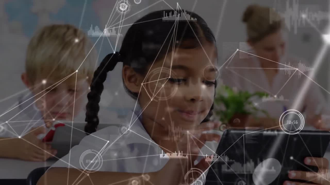 Network of connections and data processing against girl using digital tablet at elementary school