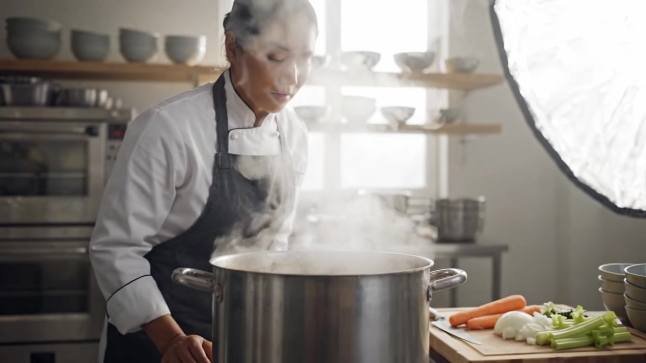 Koki kuliner sibuk dalam proses memasak, mengamati panci yang mengepul di dapur modern, menekankan seni memasak dan pengembangan rasa melalui panas
