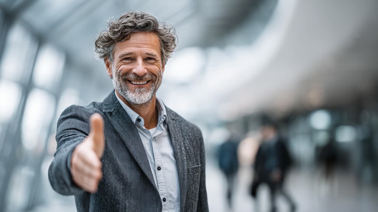 Een warm welkomstgebaar: een vriendelijke man die zijn hand uitsteekt voor een handdruk in een moderne, stijlvolle binnenruimte, vol zelfvertrouwen en toegankelijkheid.