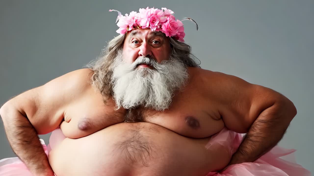 그의 머리에 꽃 왕관과 함께 분홍색 투투를 입은 남자