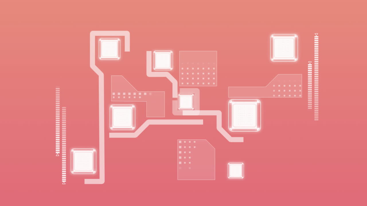 Glowing lines and squares creating animation on abstract circuit design background