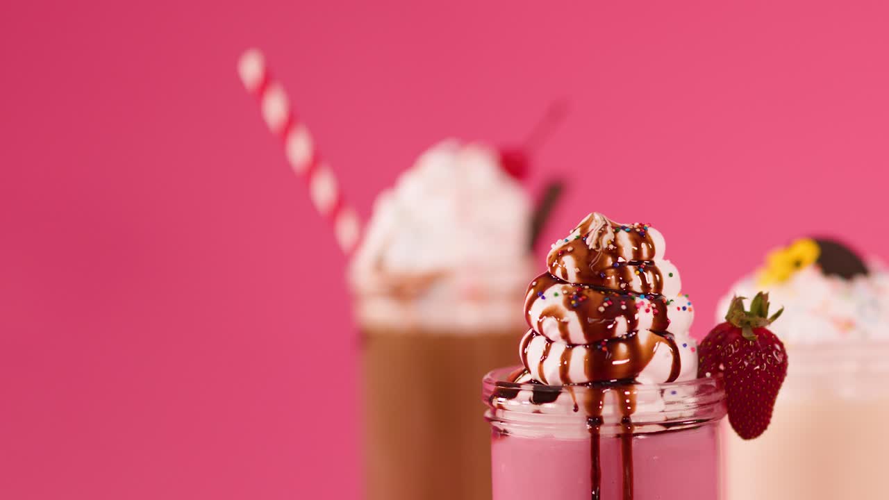 Hand adds cherry to whipped cream and chocolate-drizzled strawberry milkshake, pink background, studio lighting
