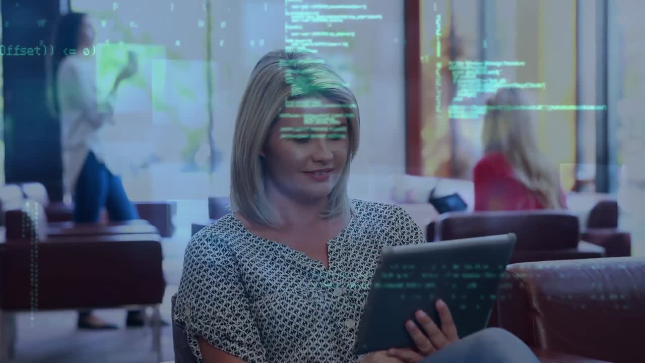 Animation of data processing over caucasian woman using tablet in casual office