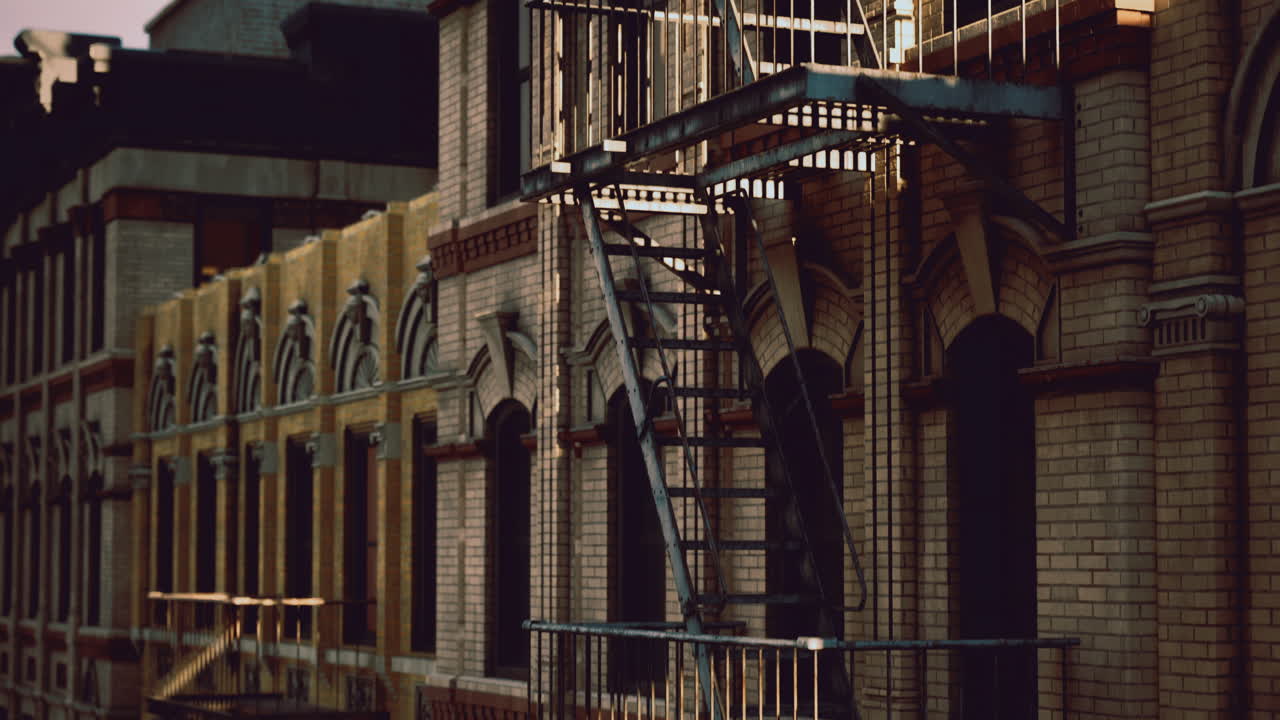 Urban architecture featuring a fire escape at dusk near city buildings