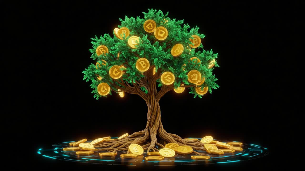A visually stunning digital tree infused with vibrant green leaves and sparkling golden coins, symbolizing growth and prosperity in a modern financial landscape