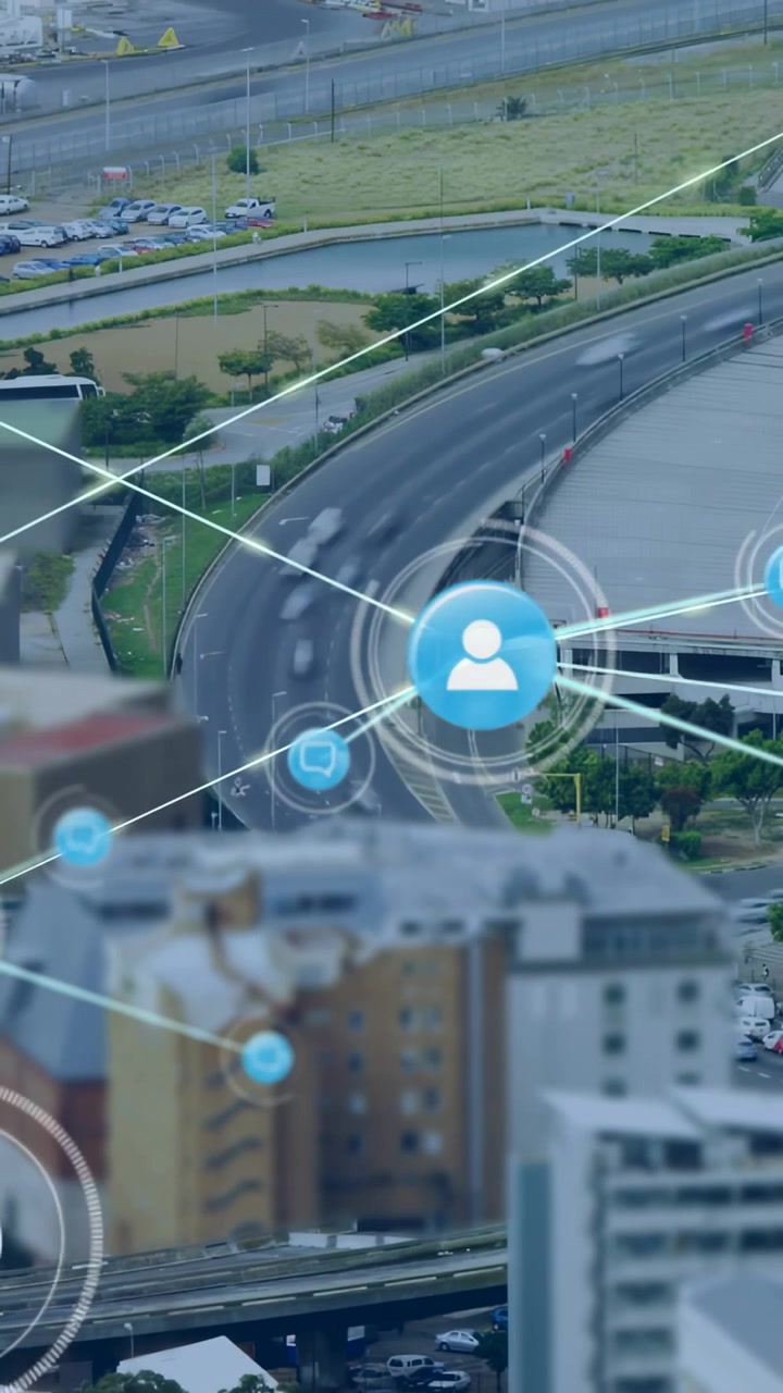 Video verticale: Campanello che risuona sulla strada, utente che svanisce, anelli che pulsano, linee che collegano i nodi mostrando sicurezza.