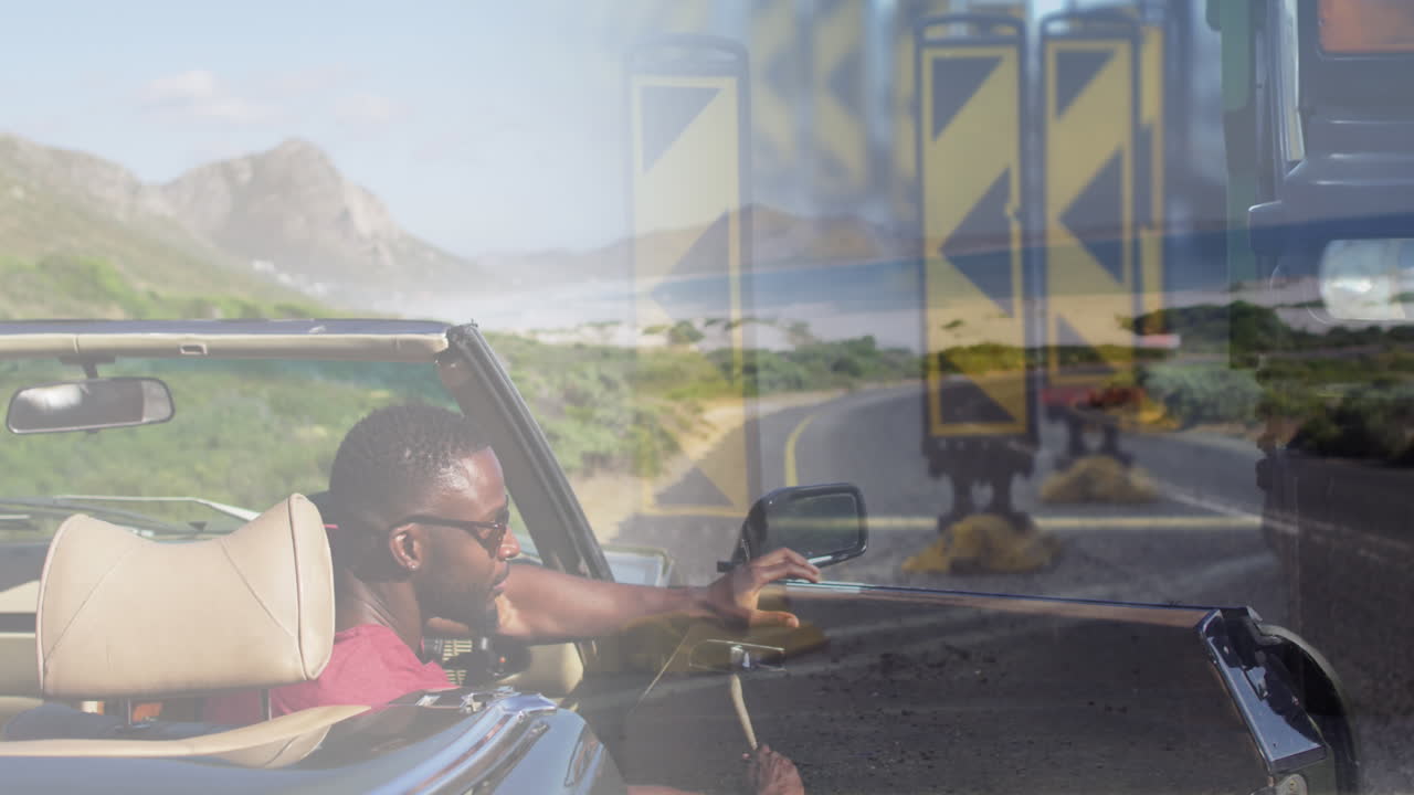 도로를 가로지르는 아프리카계 미국인 남자가 차를 운전하는 애니메이션