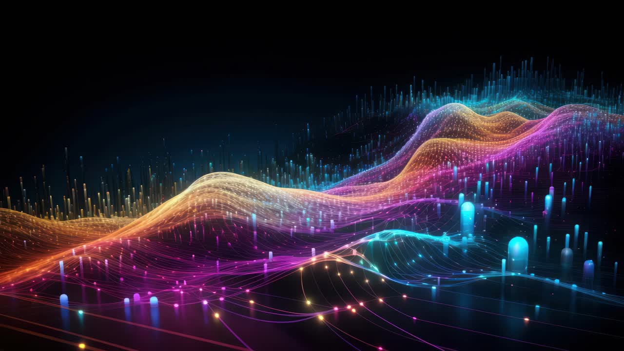 Dynamic, colorful waveforms in a digital landscape viewed from a low angle, resembling a futuristic