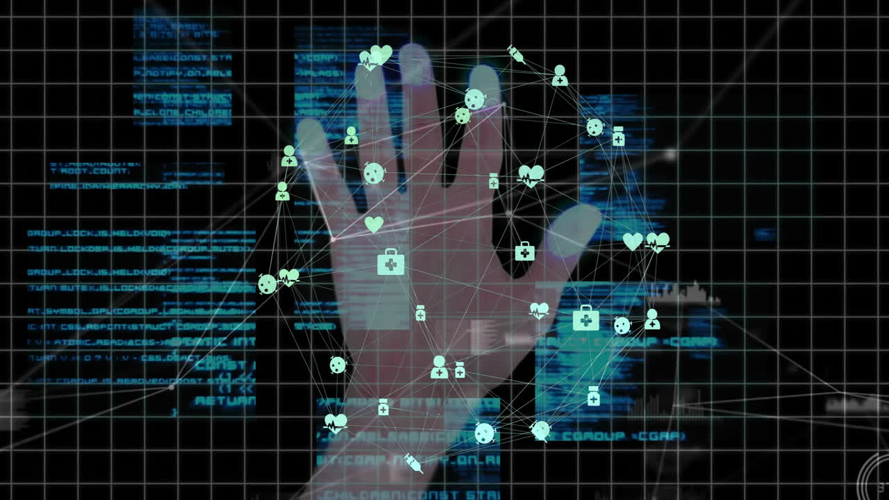 Interacting with digital health icons, hand touching animation on grid background