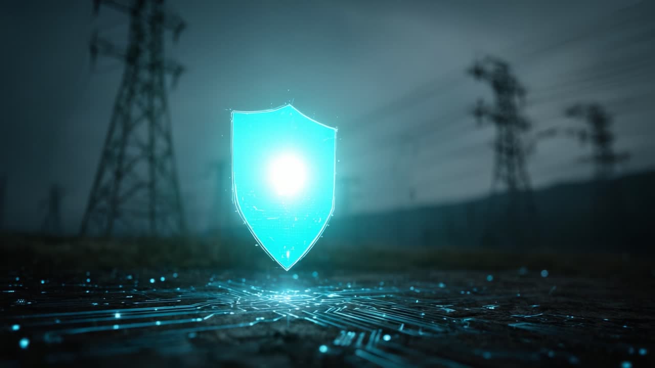 A Futuristic Shield Projected on a Circuitry Ground amidst Dark Power Lines in a Gloomy Landscape, Symbolizing Digital Protection and Cybersecurity Innovation