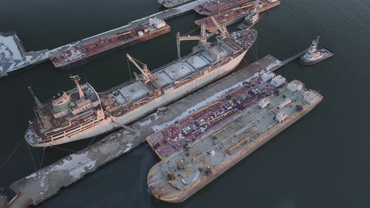 Aerial view of a docked ship. Shot on a winter afternoon in Brooklyn.