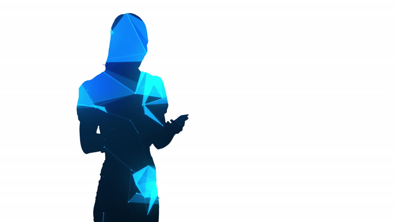 스마트 폰과 색 배경에 빛의 흔적을 가진 사업가의 실루의 애니메이션