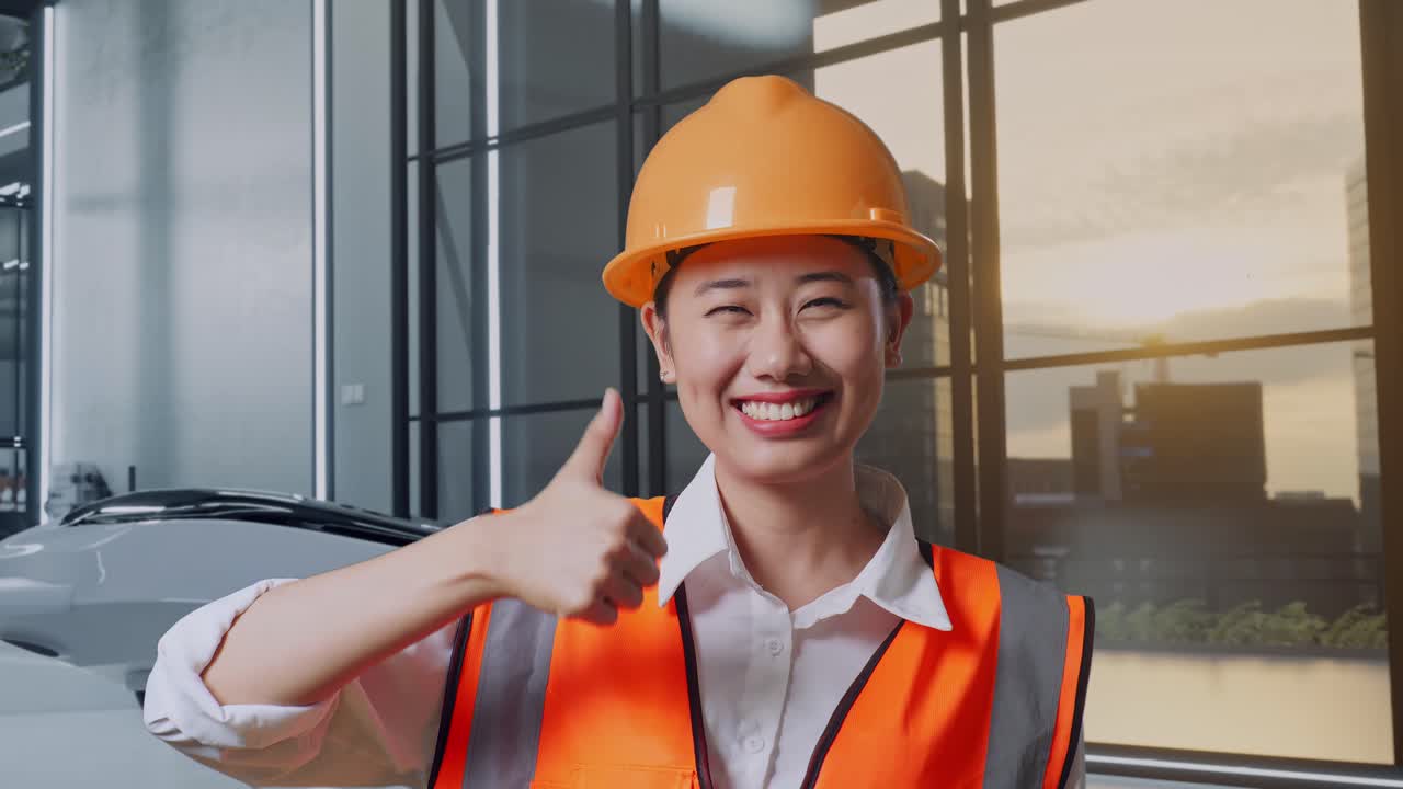 안전 헬을 입은 아시아 여성 엔지니어가 미소 짓고 엄지손가락을 보여주며 드론 프로젝트에 서 있는 동안 카메라에 제스처를 합니다.