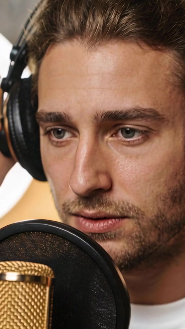 Video verticale: Un cantante in maglietta bianca inizia la registrazione, regolando le cuffie in una cabina con microfono dorato e controllando l'audio.