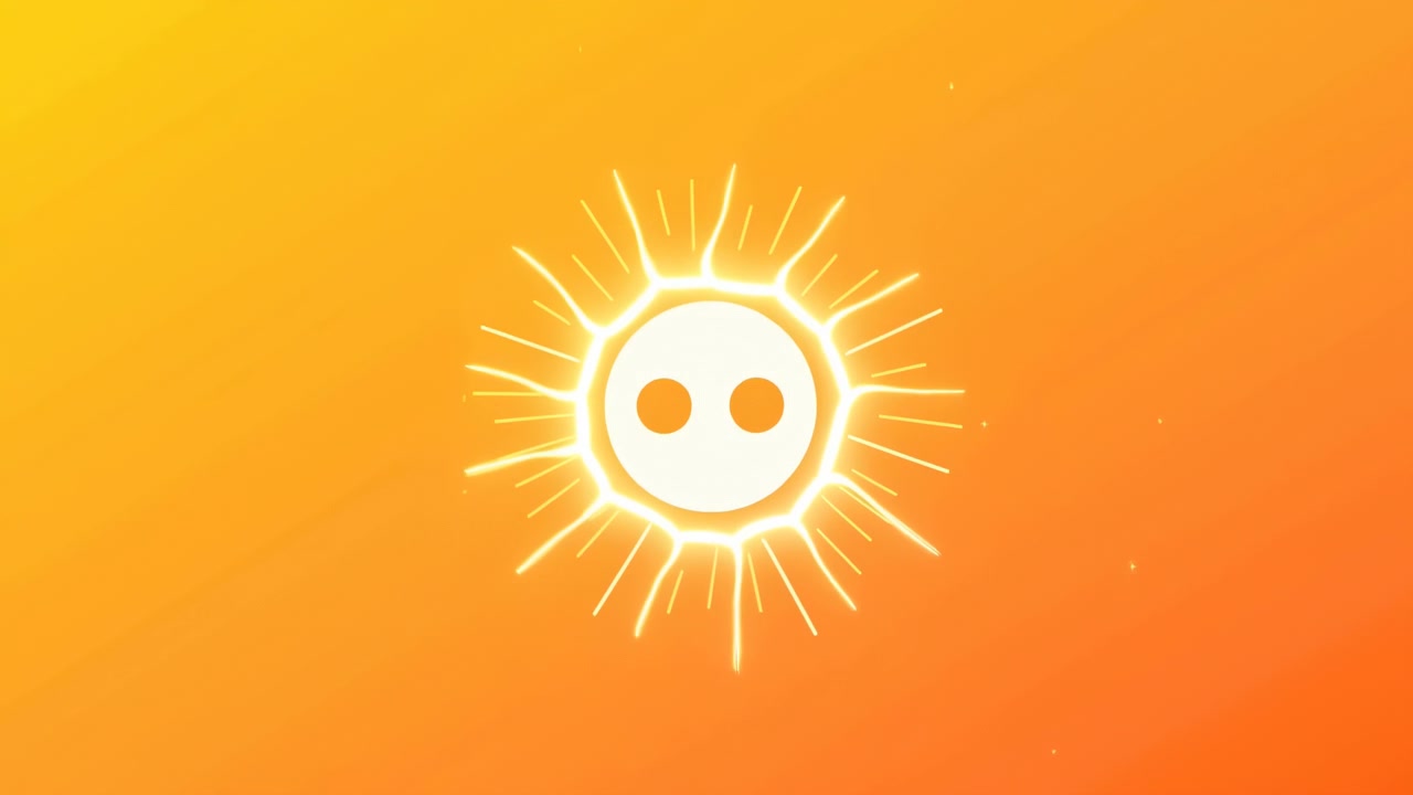 Minimalistinen abstrakti näkymä tyylitellyllä säteilevällä auringon kasvoilla nousemassa alakeskeltä, sijoitettuna sileää oranssia liukuväriä vasten, pehmeillä valonsäteillä ja rauhallisella.