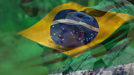 Animation-of-flag-of-brazil-over-diverse-male-soldiers