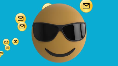 Animation-Des-Emoji-Symbols-Mit-Sonnenbrille-Und-E-Mail-Symbolen-Auf-Blauem-Hintergrund