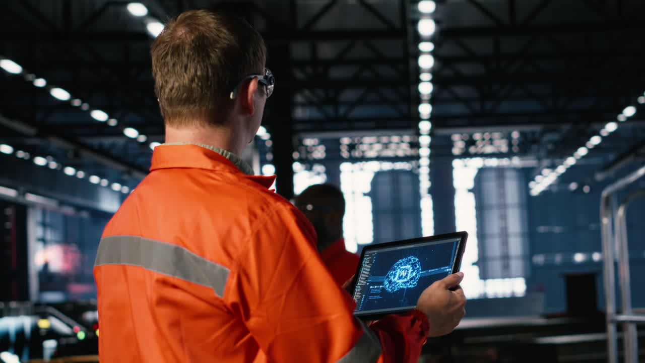 Worker using AI system powered by machine learning to monitor machinery