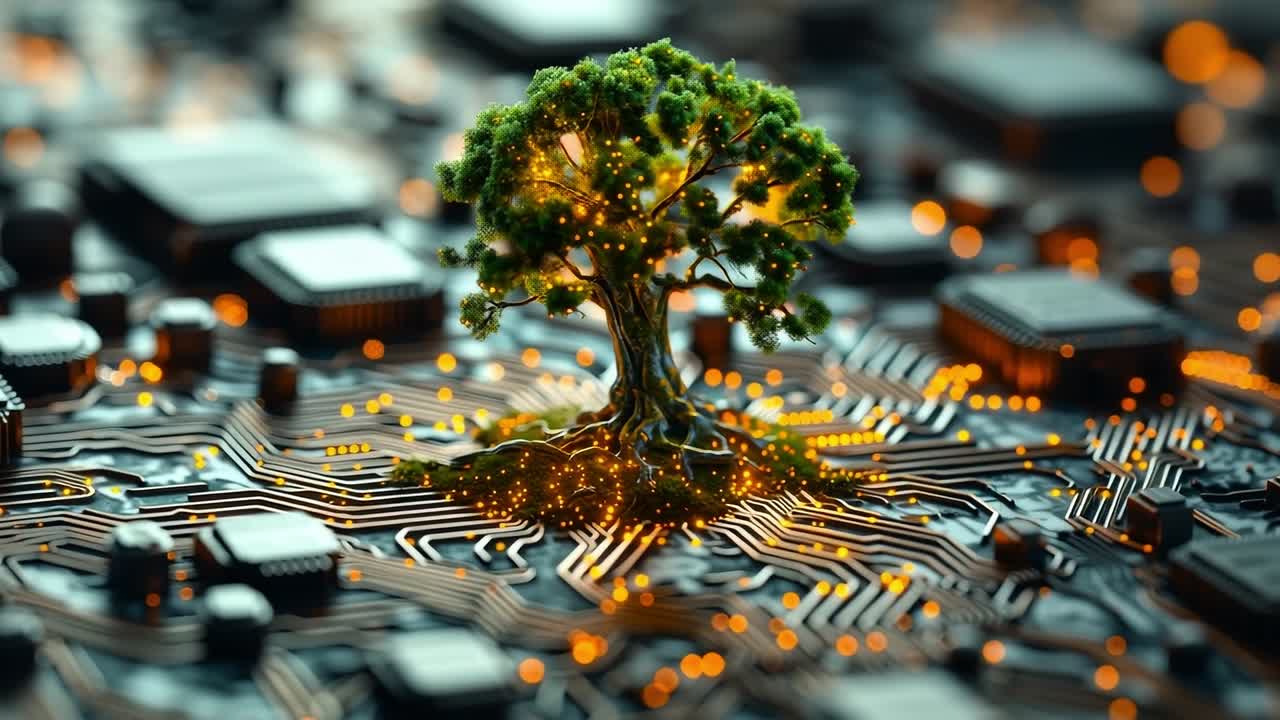 Tree on circuit board glows. A tree emerges from a circuit board, illuminated by glowing lights, symbolizing the fusion of nature and technology.