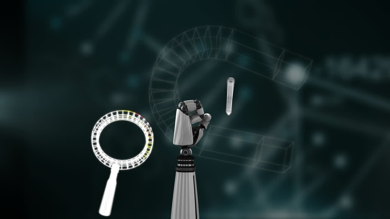 Animation of scientific data processing over robot's arm on dark background