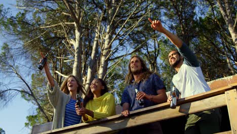 low angle view of friends having fun in cabin 4k