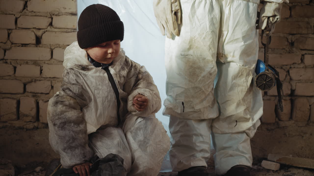 Orphan in dirty protective suit squats close to adult inside abandoned shelter with cracked brick wall, clenching his finger in tension, symbolising fear, and struggle after catastrophic disaster