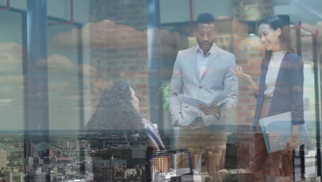 animation of diverse business people over cityscape