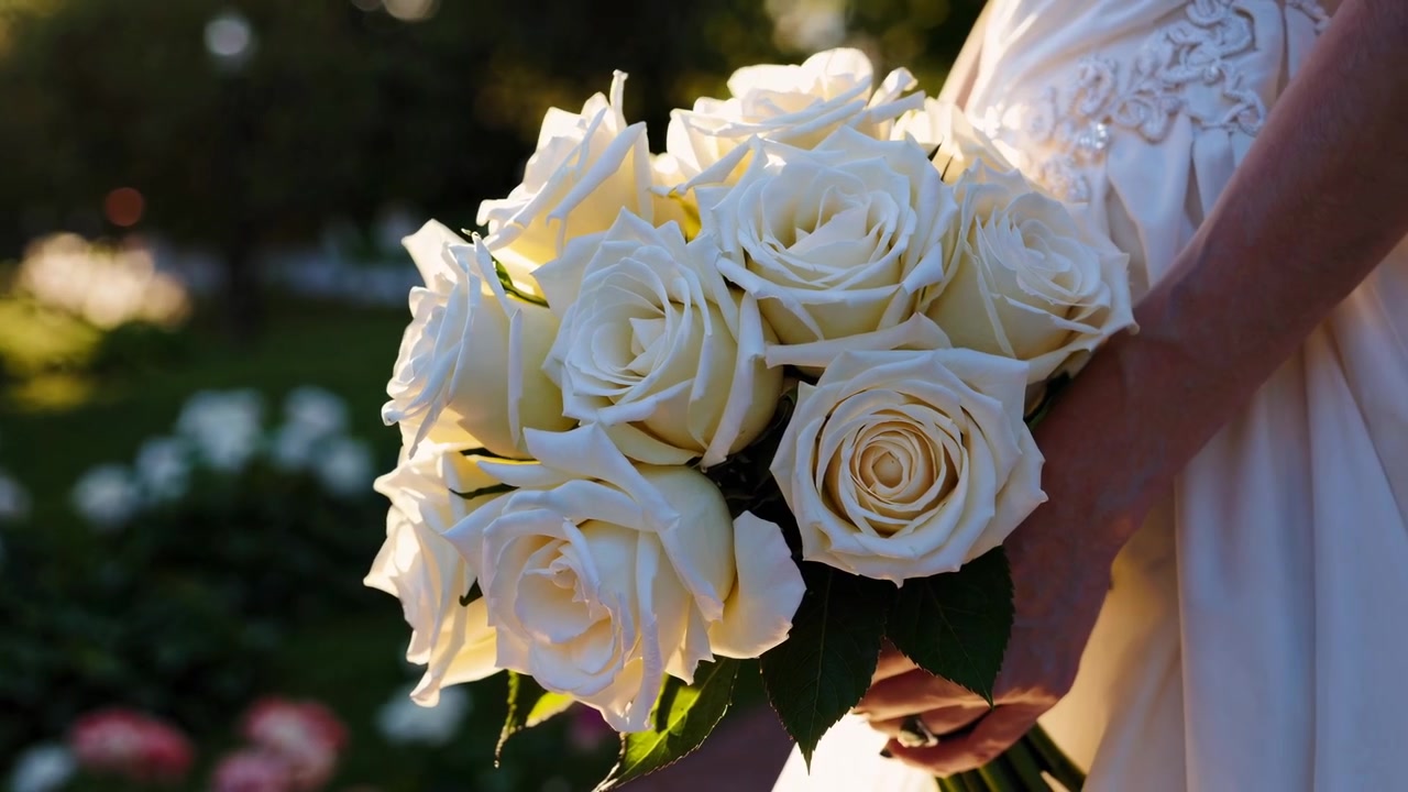 Bride Holding a Bouquet of White Roses in a Garden