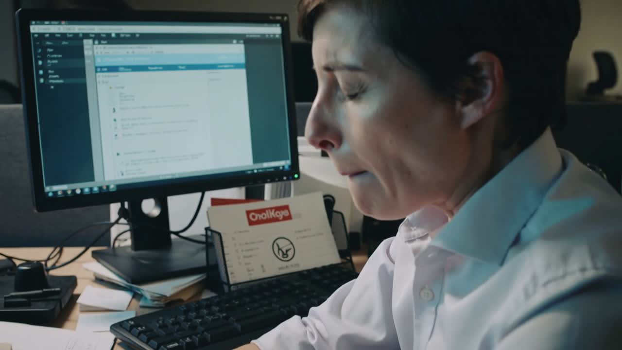 Pausing office worker in white top reviewing monitor list and marking paper at desk completing task