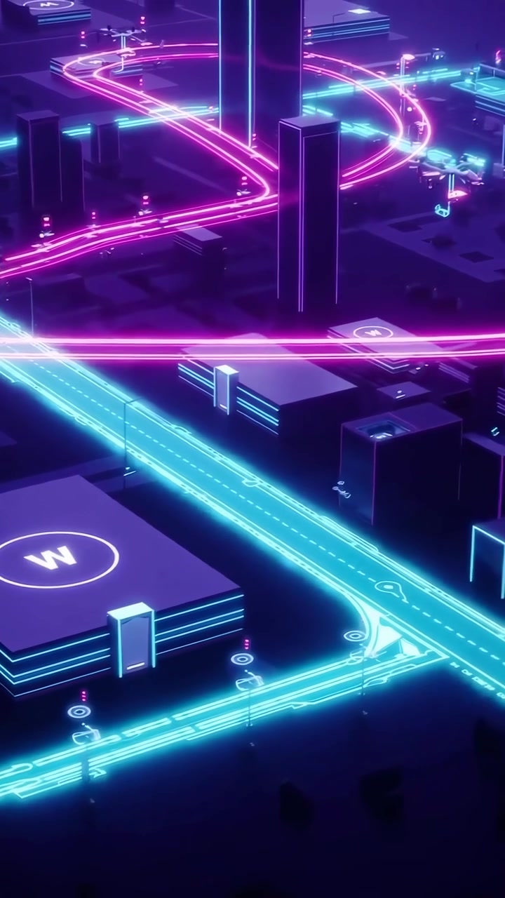Città digitale futuristica con strade al neon e flusso di dati