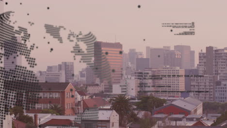 animación del procesamiento de datos financieros sobre el paisaje urbano