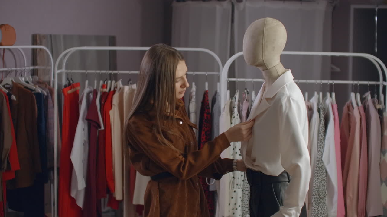 재을 입은 아름다운 소녀는 마네킨의 옷을 바라보고 쇼에 있는 옷의 스타일과 직물의 종류를 고려합니다.