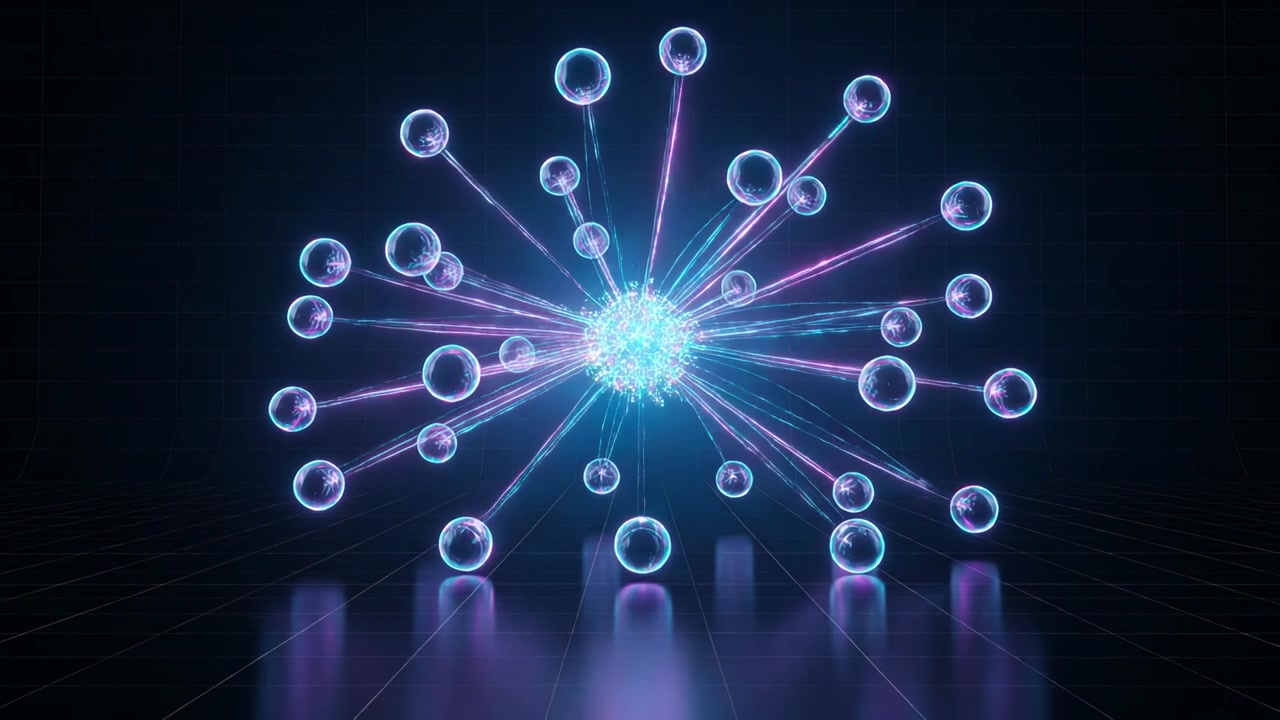 Pulsing core driving lit array sending arcs, shifting beams and drifting spheres on studio floor