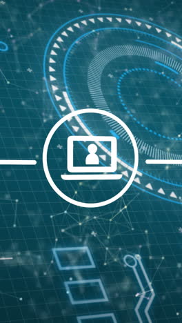 animation of icons with network of connections, scope scanning and data processing