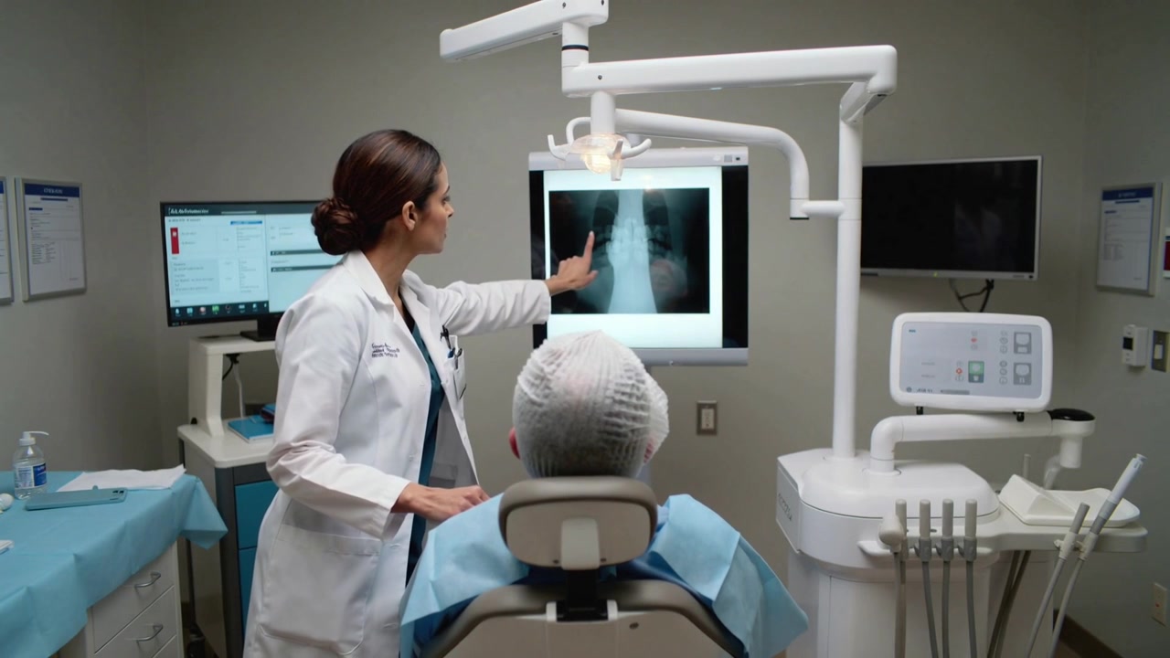 Pointing Dr in white coat tilting headrest and explaining, by X-ray at dental chair patient cap,bib